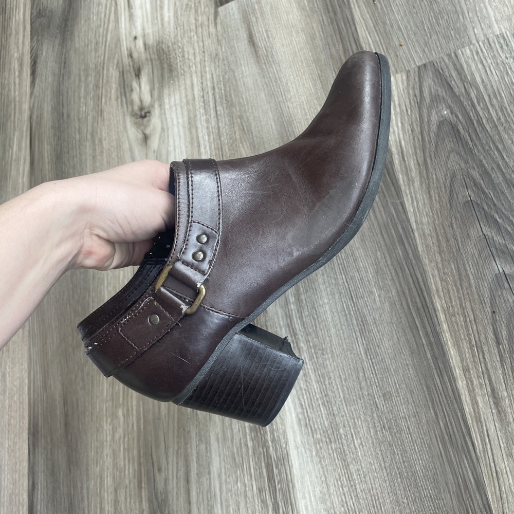 Vintage Dark Brown Leather Harness Ankle Boots Side Zip Block Heel 9.5W